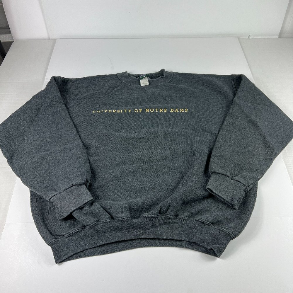 Y2K Notre Dame Fighting Irish Sweatshirt Large Grey Faded Embroidered Crewneck